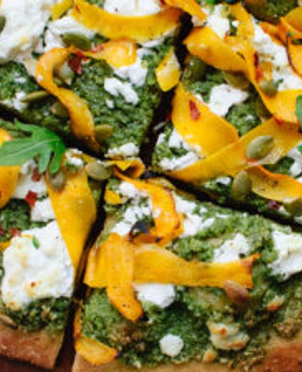 Butternut Ribbon Goat Cheese Pizza with Arugula-Pepita Pesto