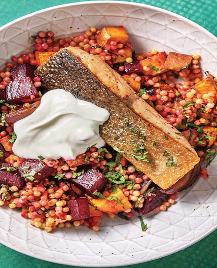 Seared Salmon & Pearl Couscous with Roasted Veggies & Lemon Yoghurt