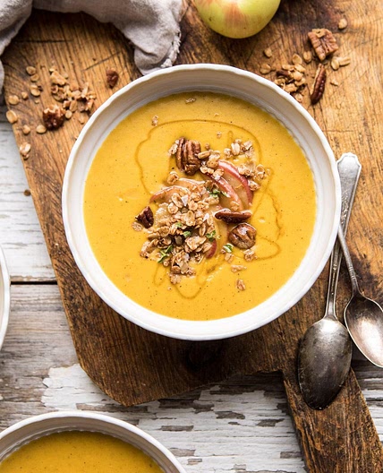 Cheddar Apple Butternut Squash Soup with Cinnamon Pecan Crumble