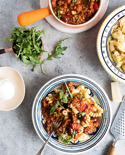 Pasta à la sicilienne aux lentilles et olives kalamata
