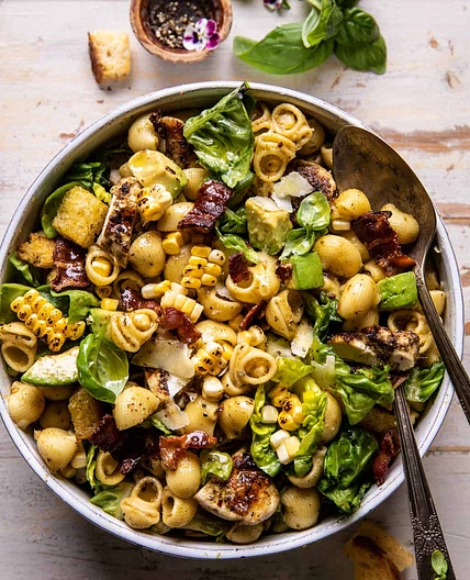 Pesto Chicken, Corn, and Avocado Bacon Pasta Salad
