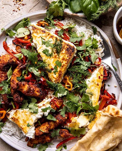 Crispy Feta with Lemon Pepper Chicken and Rice