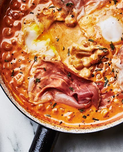 Spicy Creamy Chickpeas With Runny Eggs and Prosciutto