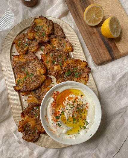 Crispy Smashed Potatoes with Lemon Garlic Yogurt Dip