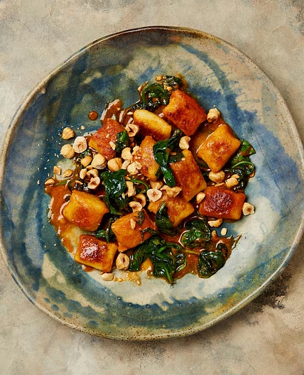 Parsnip and potato gnocchi with gochujang and hazelnuts