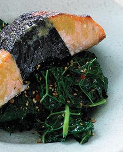 Nori-Wrapped Glazed Salmon with Sesame Kale