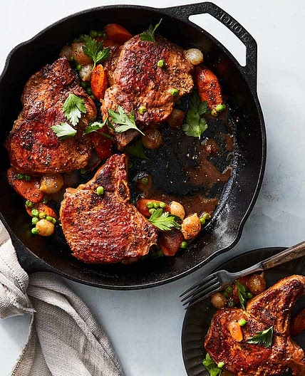 Skillet Pork Chops with Peas, Carrots & Pearl Onions