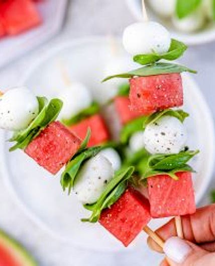 Watermelon + Basil + Mozzarella Skewers