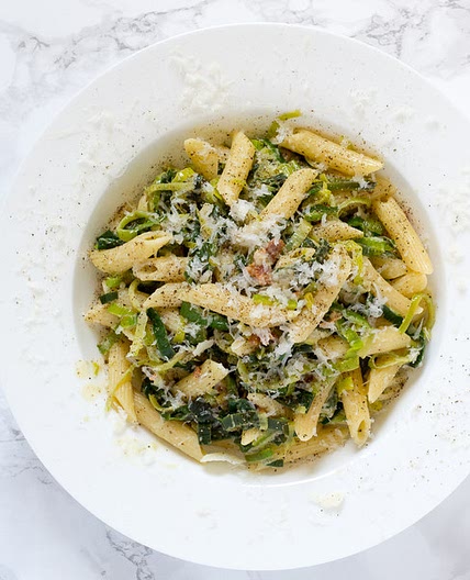 Creamy Leek & Bacon Pasta with Goat Cheese