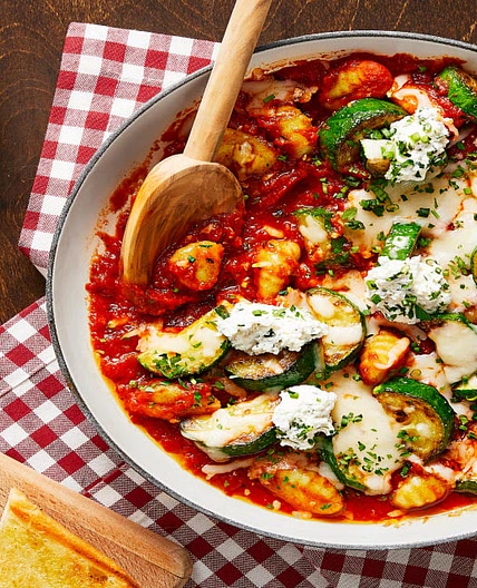 Cheesy Baked Gnocchi with Zucchini, Herby Ricotta & Garlic Bread