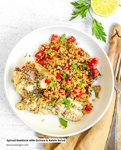 Spiced Haddock with Quinoa and Raisin Salad
