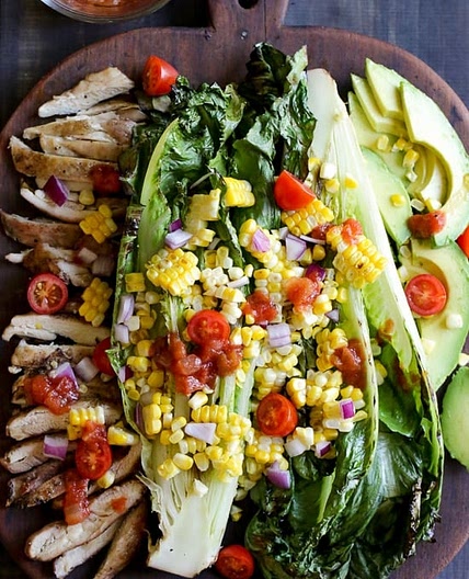 Grilled Romaine, Corn and Chicken Salad with Salsa Dressing
