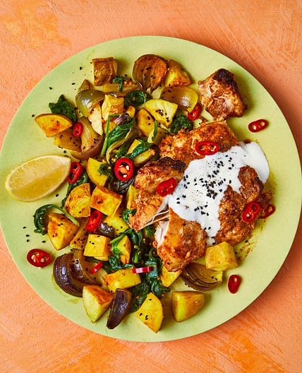 One Tray Indian-Style Spiced Chicken Thigh Tray Bake