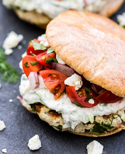 Greek Turkey Burgers with Tzatziki Sauce and Greek Tomato Salad