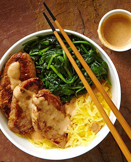 Lemongrass Pork & Spaghetti Squash Noodle Bowl with Peanut Sauce