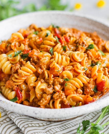 One-Pot Creamy Taco Pasta with Turkey & Cheddar