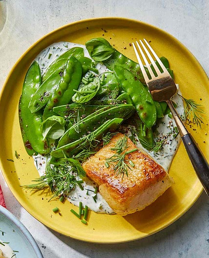 Crispy Cod with Charred Snow Peas & Creamy Herb Sauce