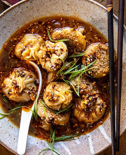 Chili Crisp Butternut Squash Dumplings in Ginger Soy Broth