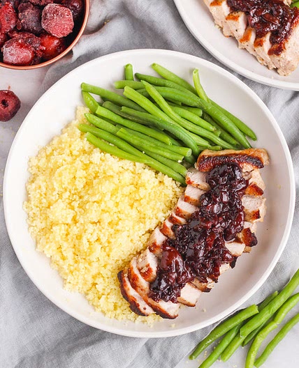 Pork Chops with Cherry Balsamic Sauce, Couscous & Green Beans