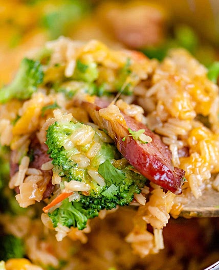 Cheesy Kielbasa Rice and Broccoli Skillet