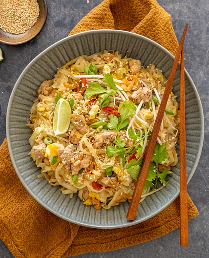 Chicken "Egg Roll" Noodle Bowl with Cabbage, Carrots, and Bean Sprouts