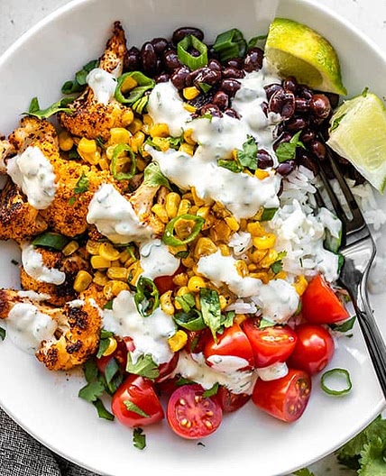 Roasted Cauliflower Taco Bowls with Cilantro Lime Ranch