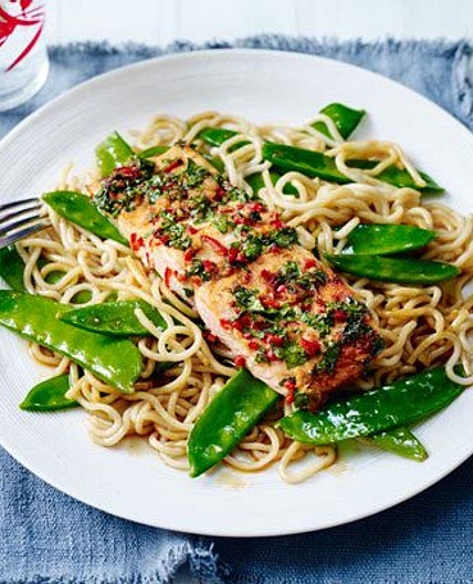 Chilli salmon & teriyaki noodles