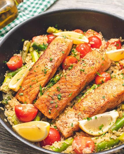 Lemon Salmon Orzo Skillet