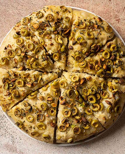 Easy No-Knead Olive-Rosemary Focaccia With Pistachios