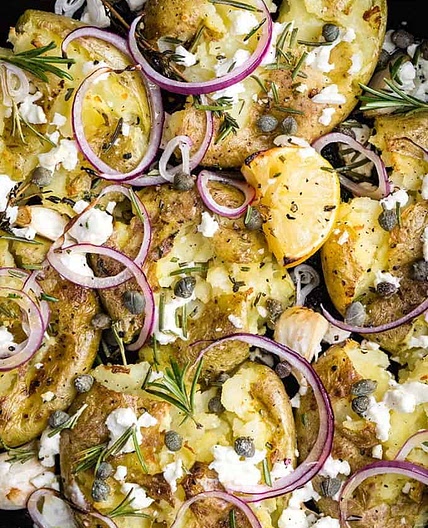 Quick smashed Greek potatoes with feta and rosemary