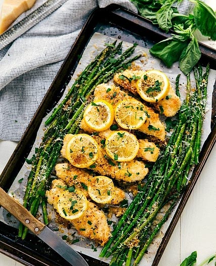 One Pan Lemon Parmesan Chicken and Asparagus