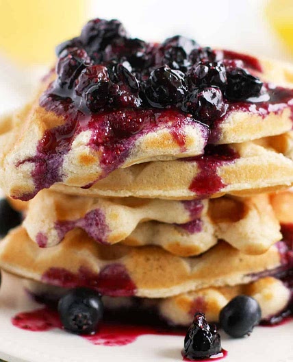 Light and Fluffy Vegan Waffles with Blueberry Sauce