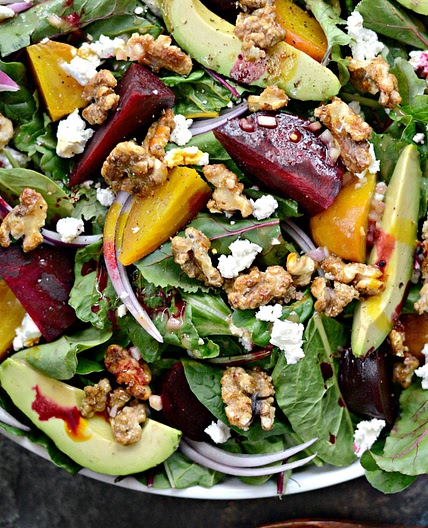 Roasted Beet Salad with Avocado, Goat Cheese and Candied Walnuts with Honey Dijon Vinaigrette