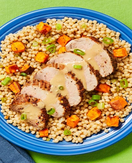 Pork Tenderloin with Creamy Pan Sauce plus Roasted Sweet Potato Couscous