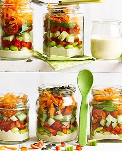 Stripy hummus salad jars