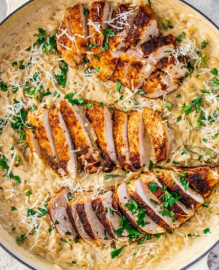 Creamy Parmesan Orzo with Chicken and Asparagus