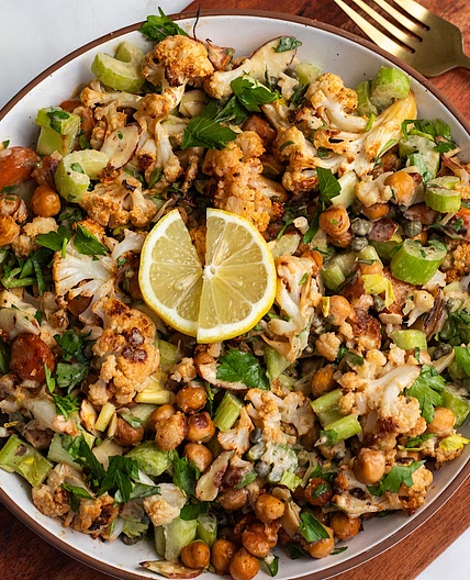 roasted cauliflower crunch salad with lemon tahini dressing