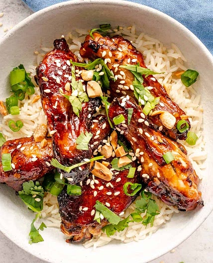 Sticky Baked Sesame Chicken Wings and Rice Recipe