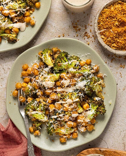 Broccoli Caesar Salad with Crispy Chickpeas and Toasted Breadcrumbs