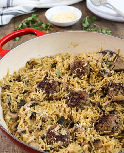 One pan meatballs and orzo with mushrooms