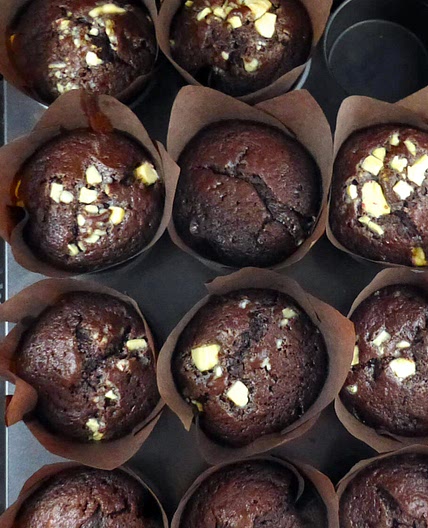 Chocolate Spelt Muffins (with White Chocolate Chunks)