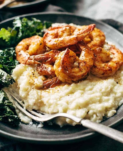 Spicy Shrimp with Cauliflower Mash and Garlic Kale
