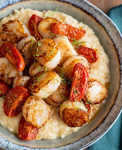 Seared Scallops with Truffle Risotto & Roasted Tomatoes