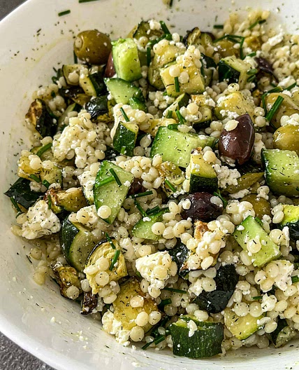 Mediterranean Couscous Salad with Cucumbers, Feta and Roasted Zucchini