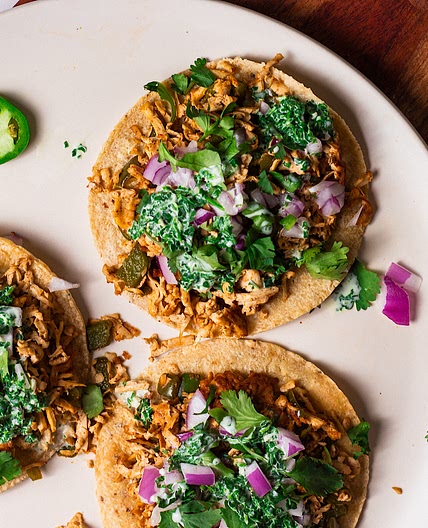 Shredded Tofu Tostadas with Cilantro Yogurt Sauce