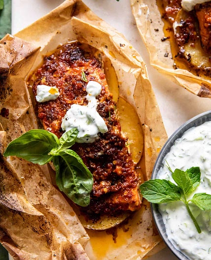 Parchment Baked Roasted Red Pepper Salmon