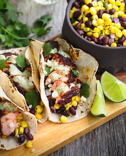 Blackened Salmon Tacos with Avocado Sauce and Black Bean & Corn Relish