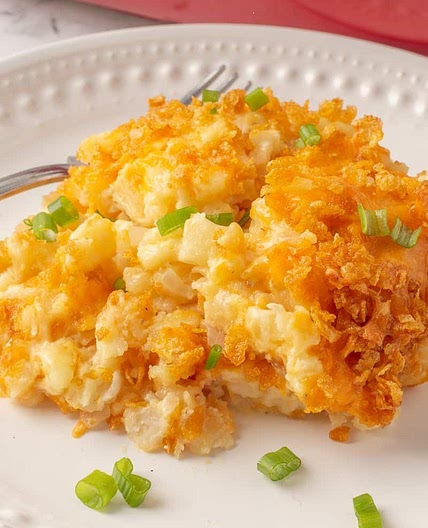 Cheesy Hashbrown Casserole with Corn Flakes Topping