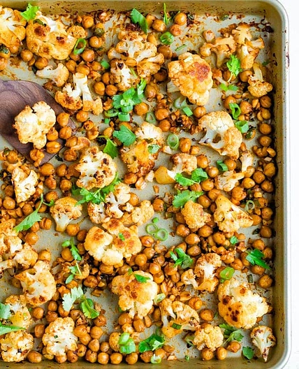 Sriracha Roasted Cauliflower and Chickpea Sheet Pan Meal