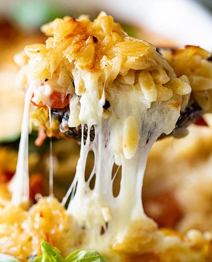 Creamy tomato mozzarella baked orzo